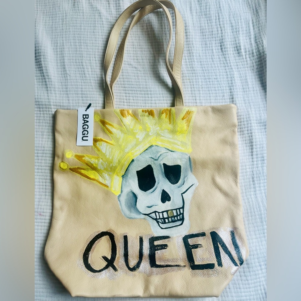 BNWT BAGGU tan leather tote w/ Brooklyn artist custom design - rare*